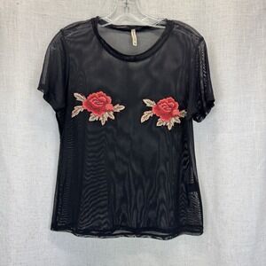 Emma & Sam Black Mesh Appliqued Embroidered Roses T-Shirt X-Small